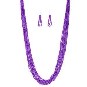 Purple Seed Bead Layered Necklace & Earrings 3pc